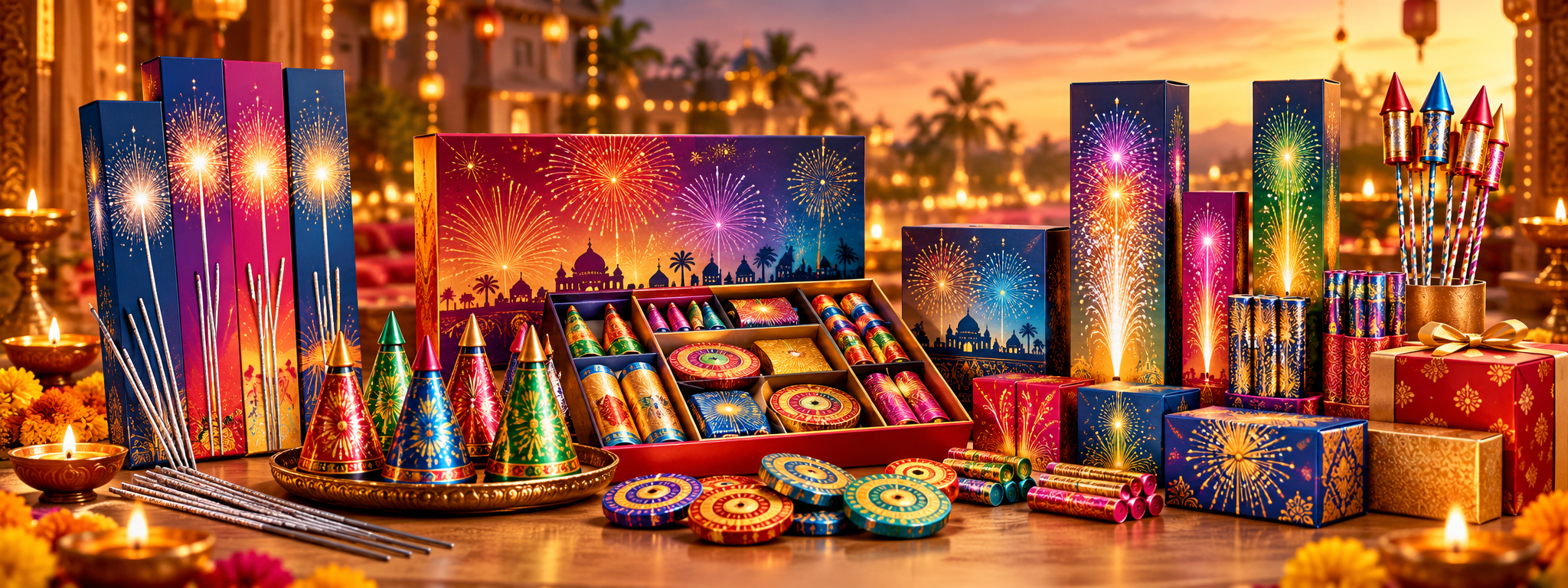 Colourful Sivakasi cracker product display with sparklers, flower pots, chakkars and gift boxes